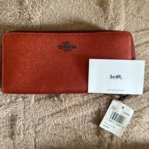 Coach NWT metallic slim zip around wallet dark red color new with tag